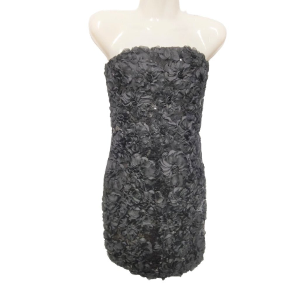 Black Strapless Mini Dress with Sequins and Floral Applique Size M Size L